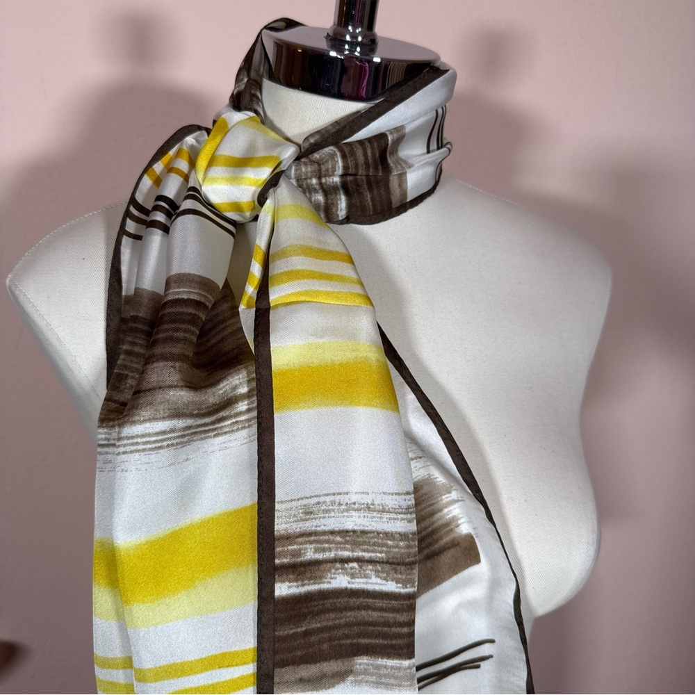 Jones New York vintage yellow dark brown Striped abstract rectangle Silk scarf